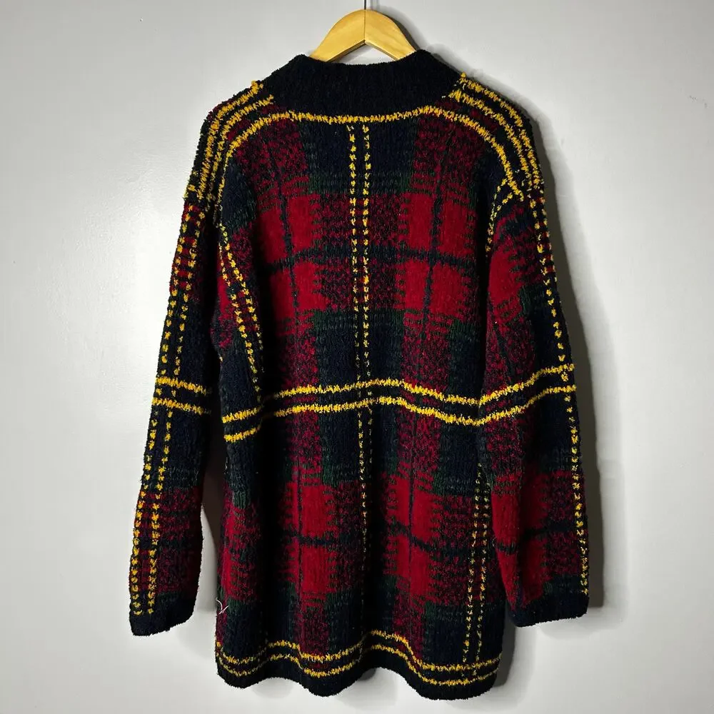 Vintage Hand Knit Jones New‎ York Tartan Plaid Wool Sweater Men's Large